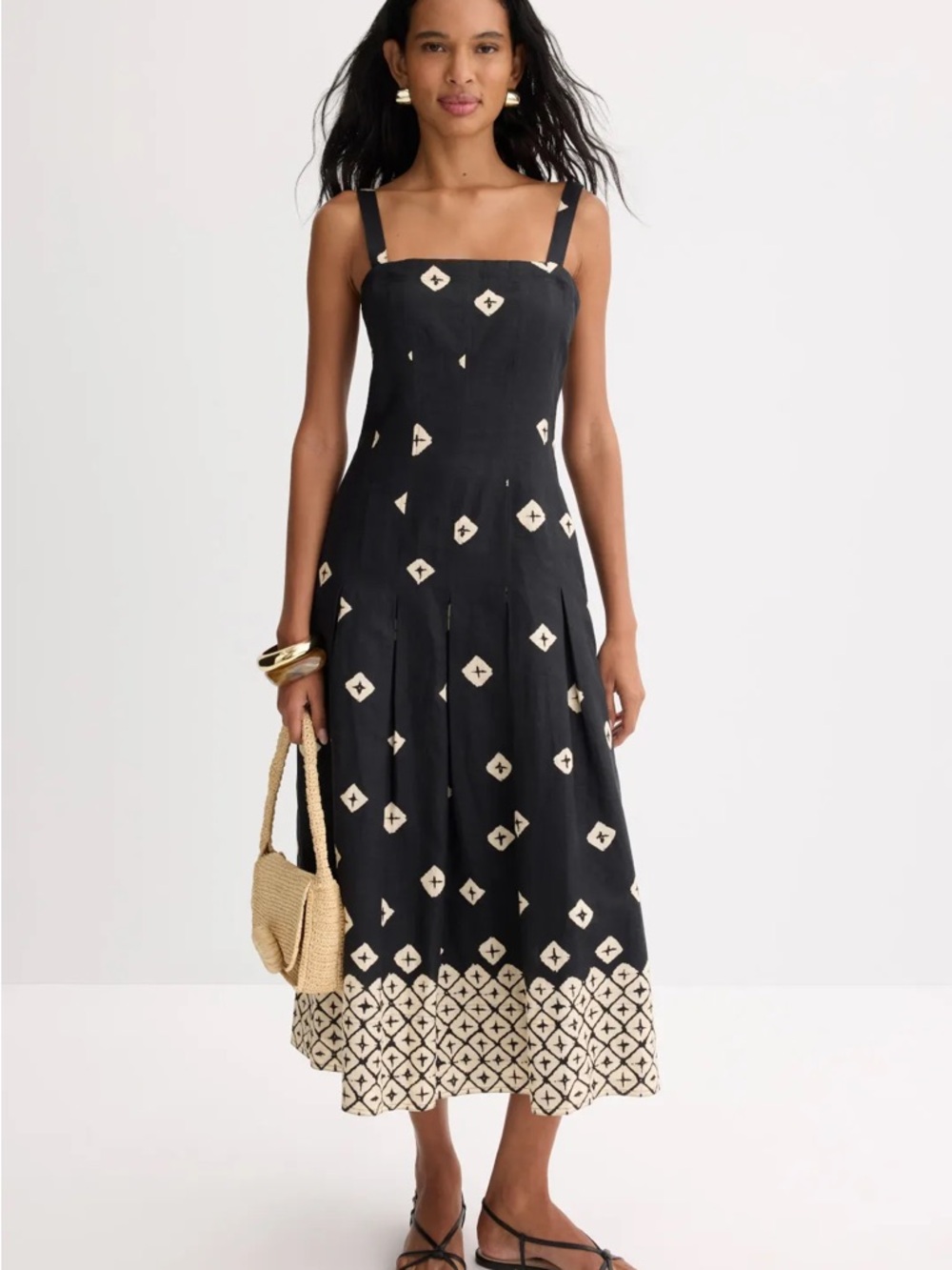 Marie Oliver Black Midi Dress with Cream Geometric Print